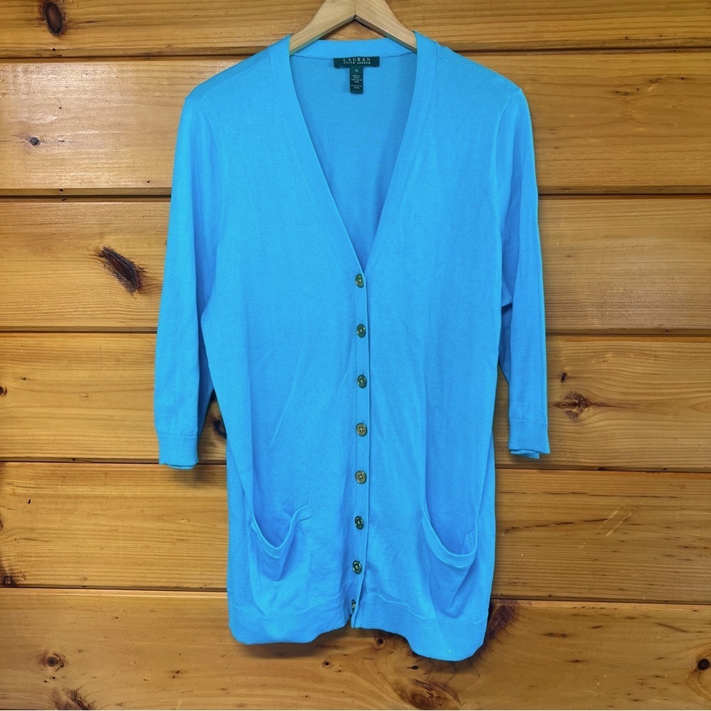 Lauren Ralph Lauren Blue Cardigan Sweater V-Neck 3/4 Sleeves 1X Cotton